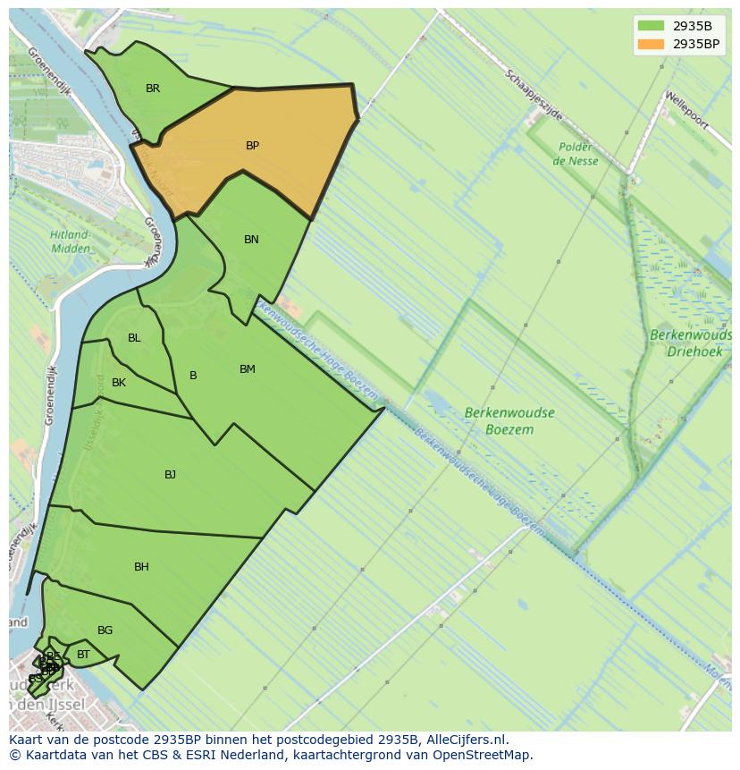 Afbeelding van het postcodegebied 2935 BP op de kaart.