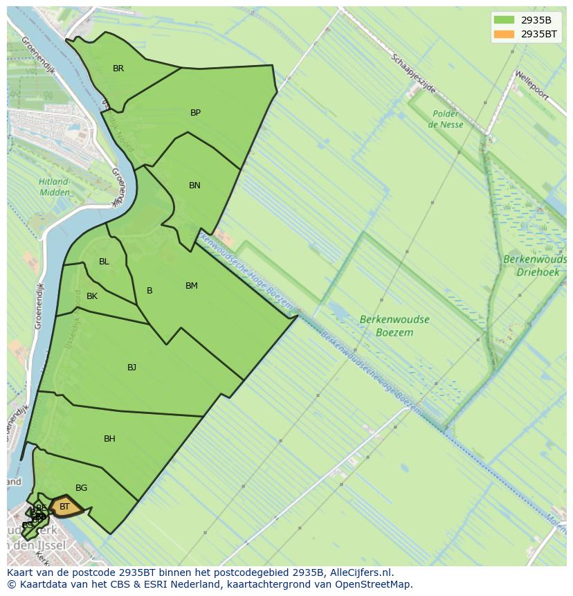 Afbeelding van het postcodegebied 2935 BT op de kaart.