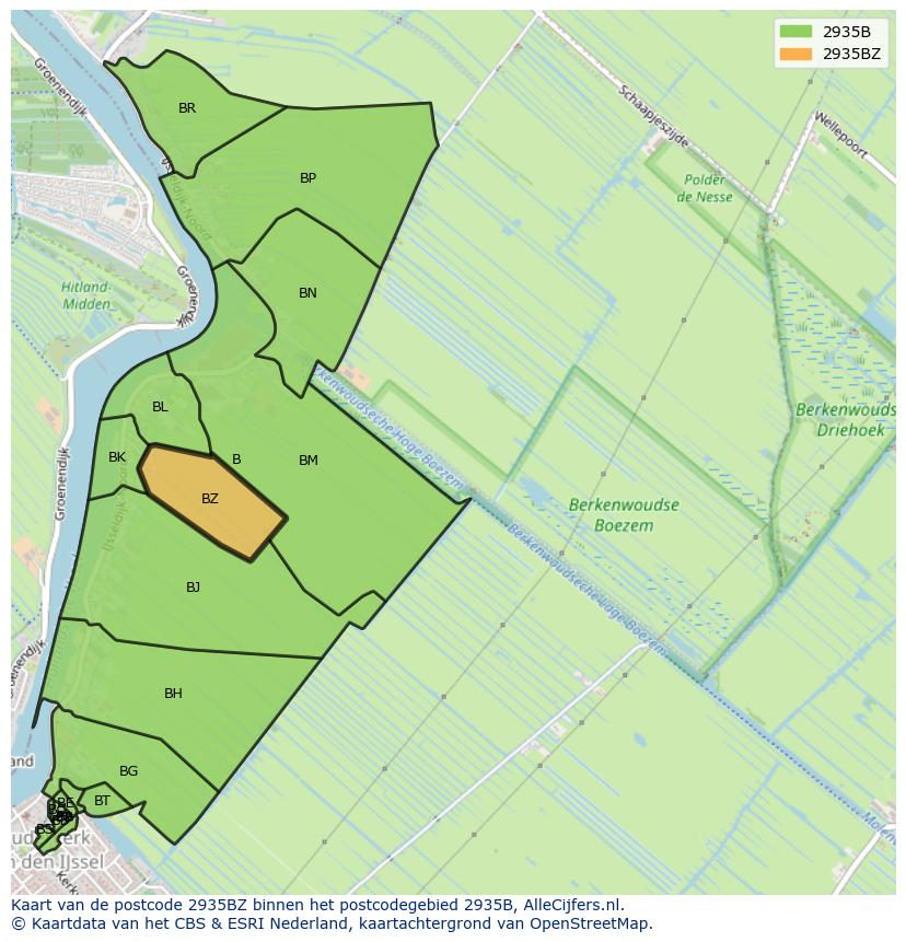 Afbeelding van het postcodegebied 2935 BZ op de kaart.