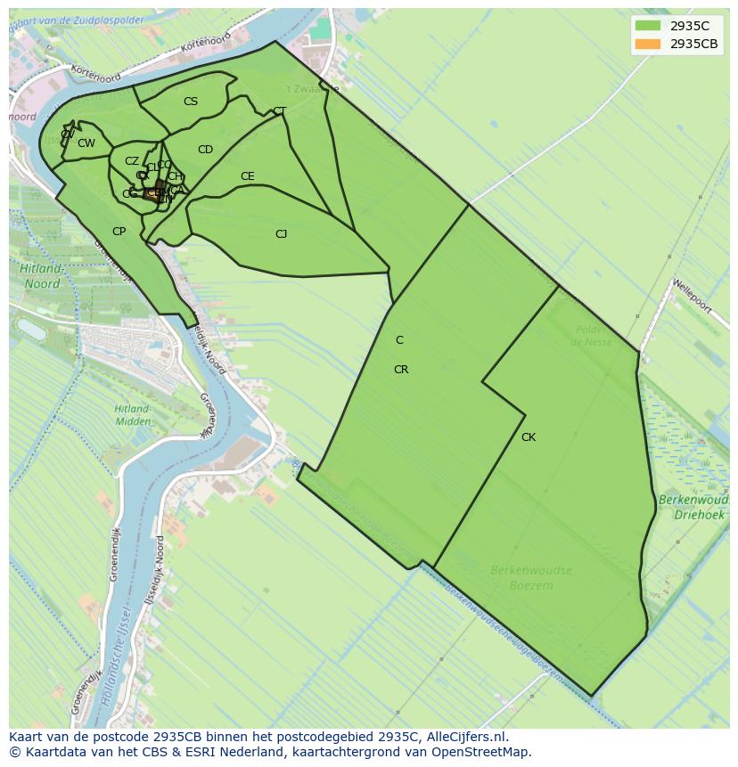 Afbeelding van het postcodegebied 2935 CB op de kaart.