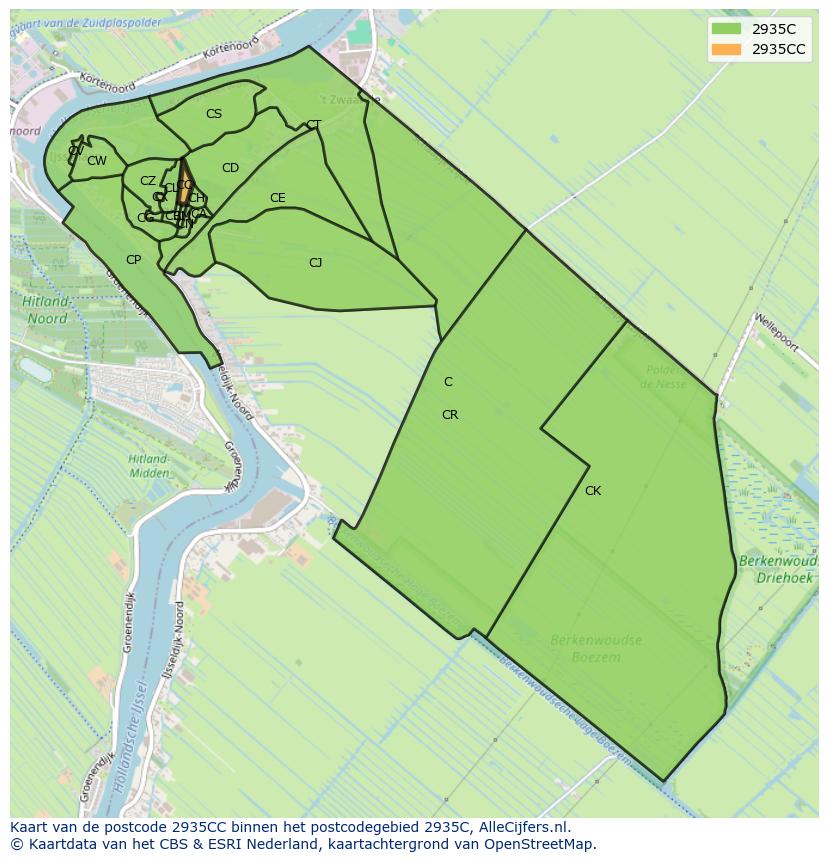 Afbeelding van het postcodegebied 2935 CC op de kaart.