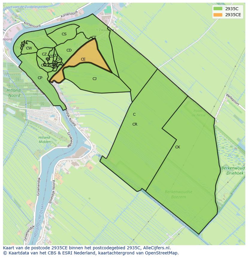 Afbeelding van het postcodegebied 2935 CE op de kaart.