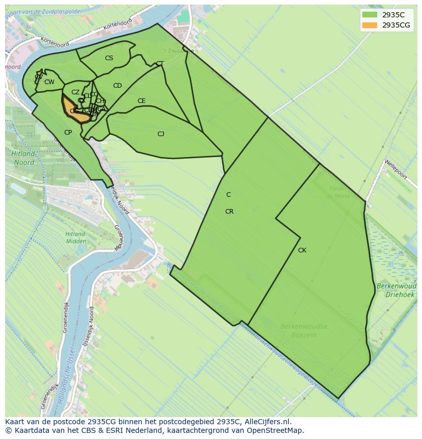 Afbeelding van het postcodegebied 2935 CG op de kaart.