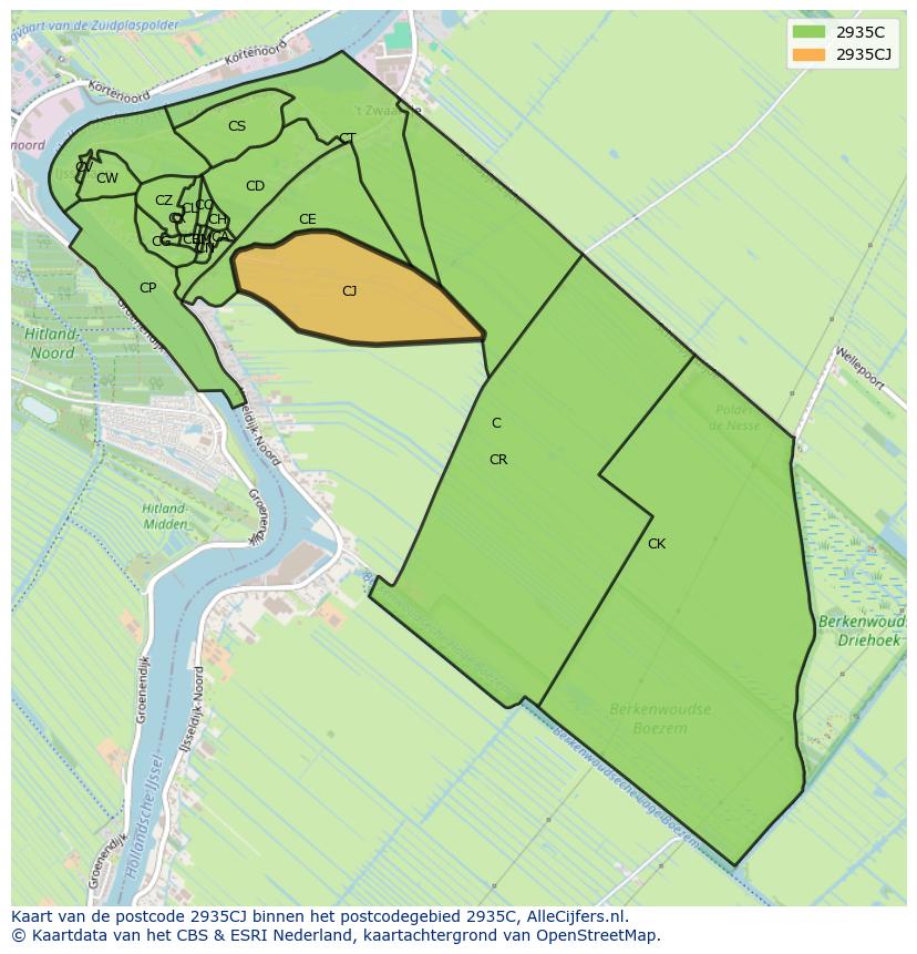 Afbeelding van het postcodegebied 2935 CJ op de kaart.