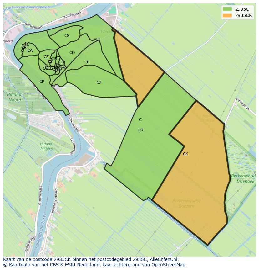 Afbeelding van het postcodegebied 2935 CK op de kaart.