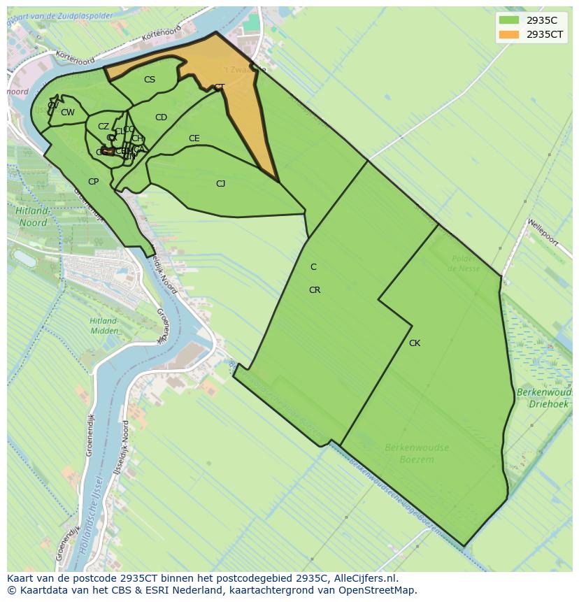 Afbeelding van het postcodegebied 2935 CT op de kaart.