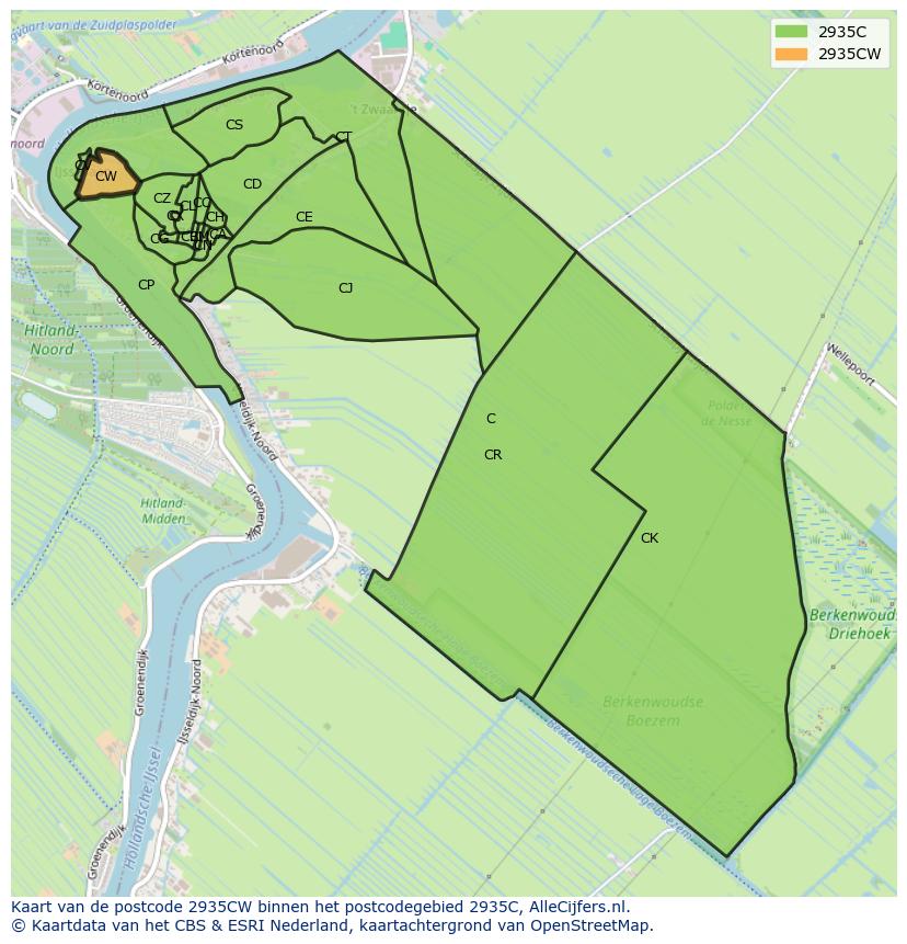Afbeelding van het postcodegebied 2935 CW op de kaart.