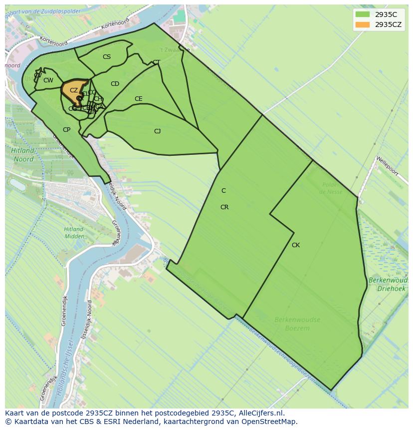 Afbeelding van het postcodegebied 2935 CZ op de kaart.