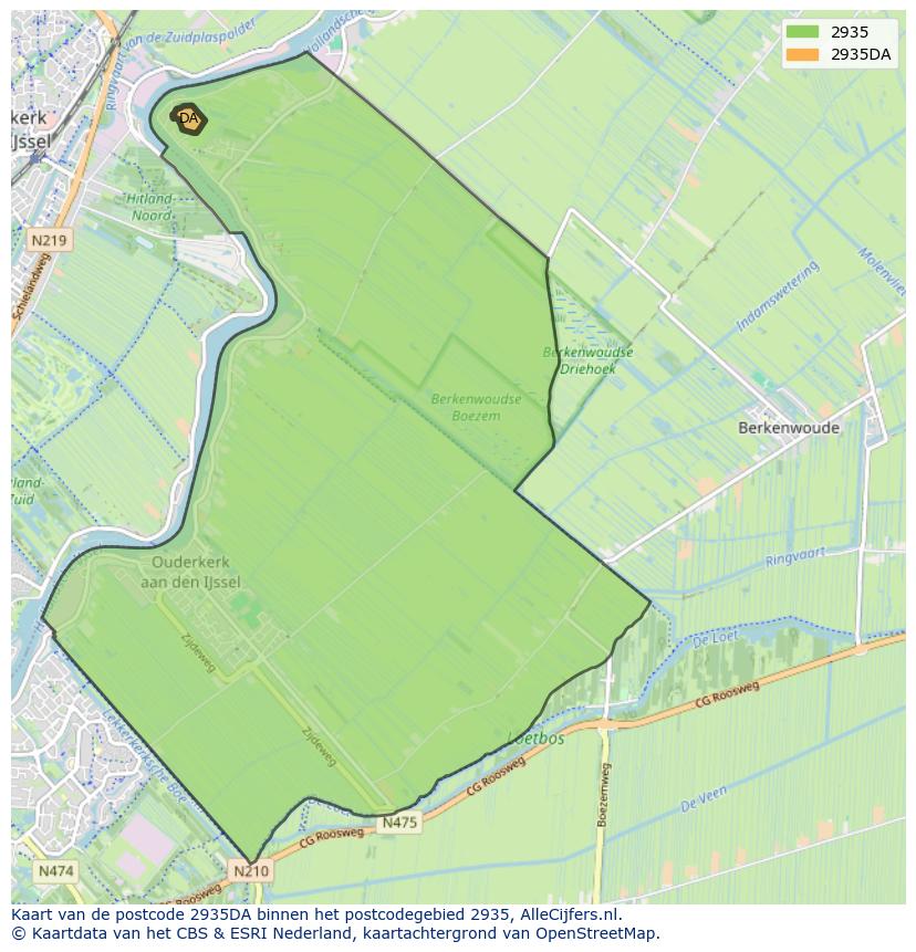 Afbeelding van het postcodegebied 2935 DA op de kaart.