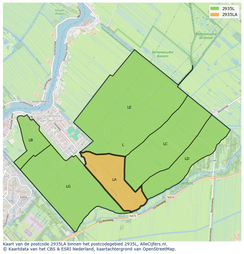 Afbeelding van het postcodegebied 2935 LA op de kaart.