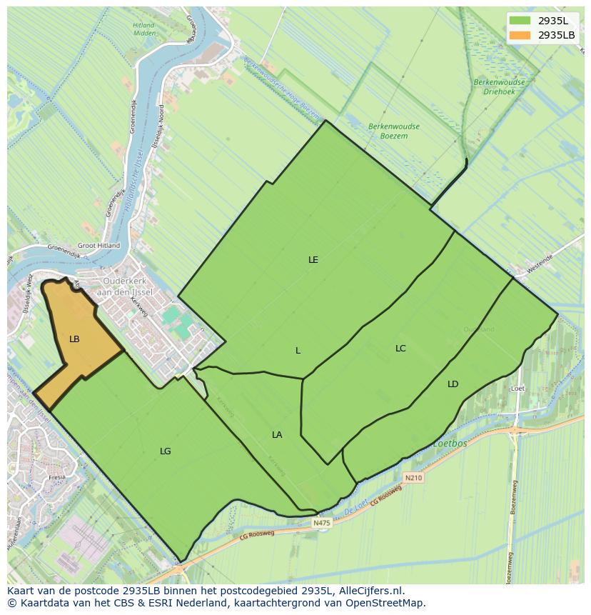 Afbeelding van het postcodegebied 2935 LB op de kaart.