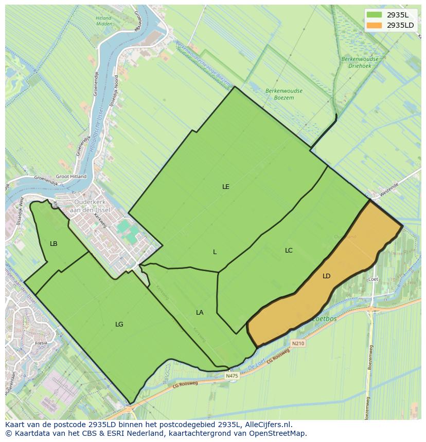 Afbeelding van het postcodegebied 2935 LD op de kaart.