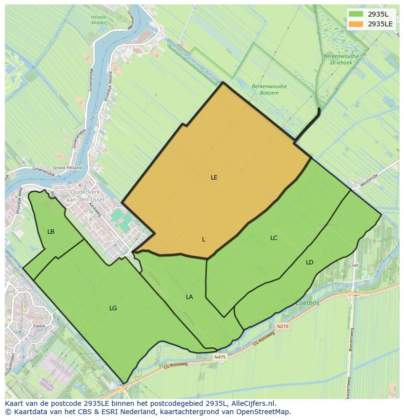 Afbeelding van het postcodegebied 2935 LE op de kaart.