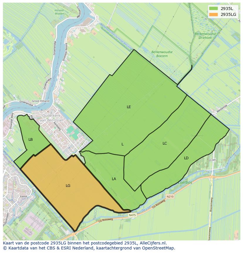 Afbeelding van het postcodegebied 2935 LG op de kaart.