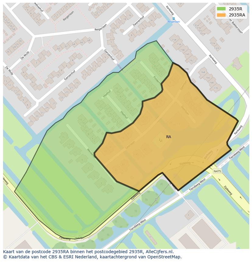 Afbeelding van het postcodegebied 2935 RA op de kaart.