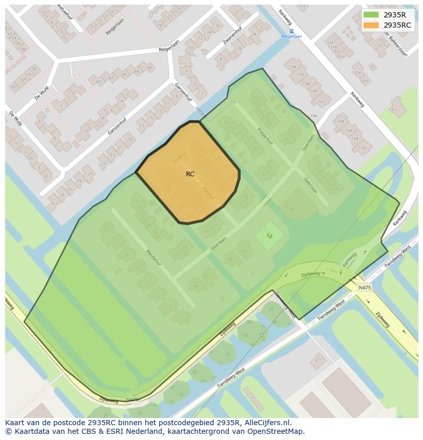 Afbeelding van het postcodegebied 2935 RC op de kaart.