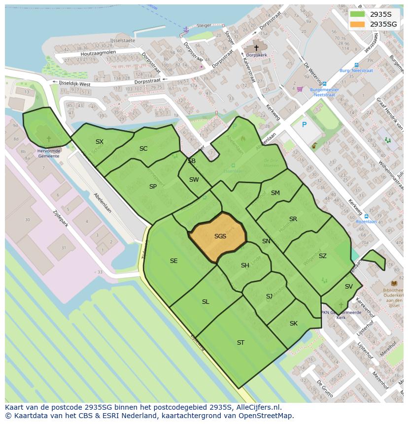 Afbeelding van het postcodegebied 2935 SG op de kaart.
