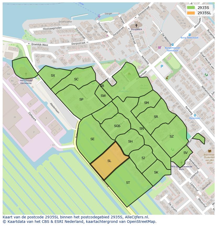 Afbeelding van het postcodegebied 2935 SL op de kaart.