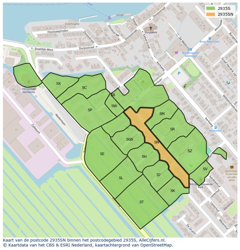Afbeelding van het postcodegebied 2935 SN op de kaart.
