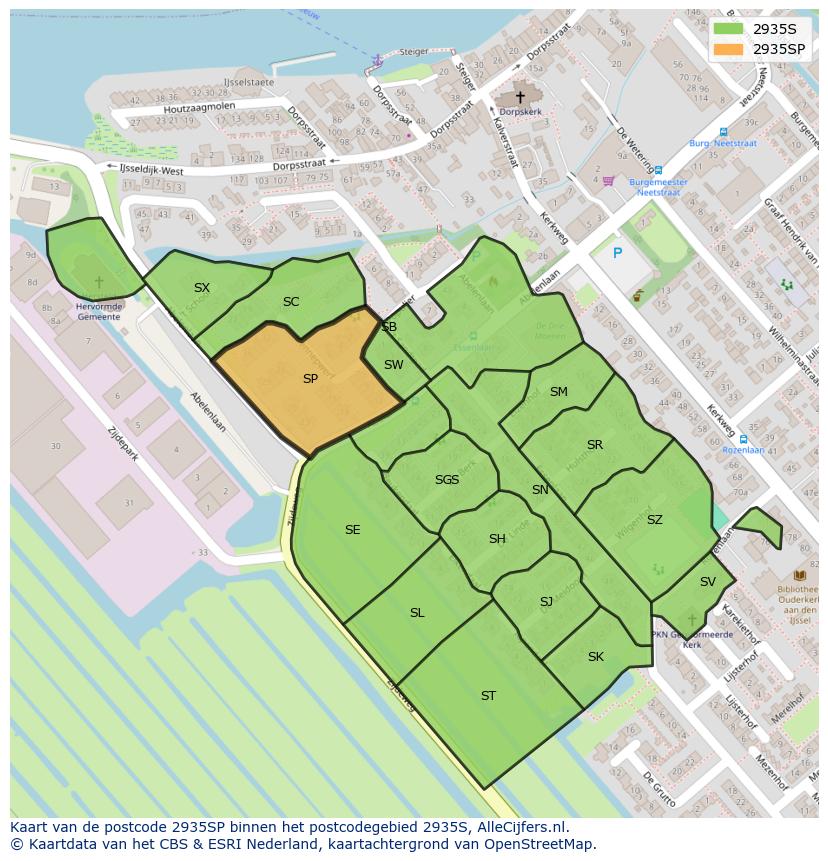 Afbeelding van het postcodegebied 2935 SP op de kaart.