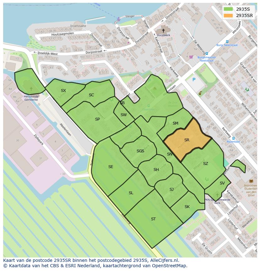 Afbeelding van het postcodegebied 2935 SR op de kaart.