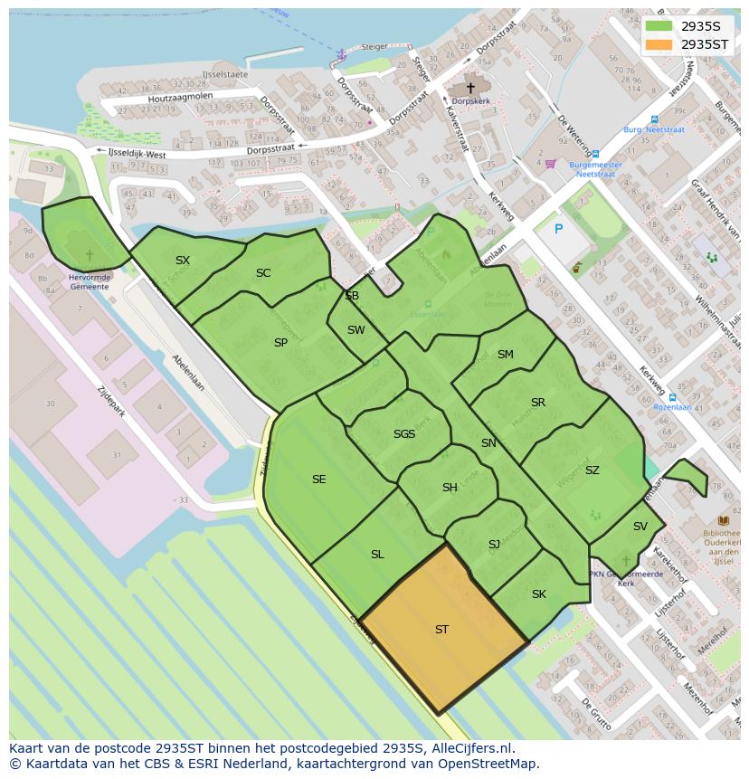 Afbeelding van het postcodegebied 2935 ST op de kaart.