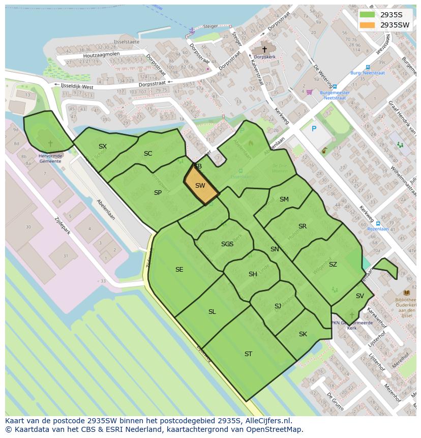 Afbeelding van het postcodegebied 2935 SW op de kaart.