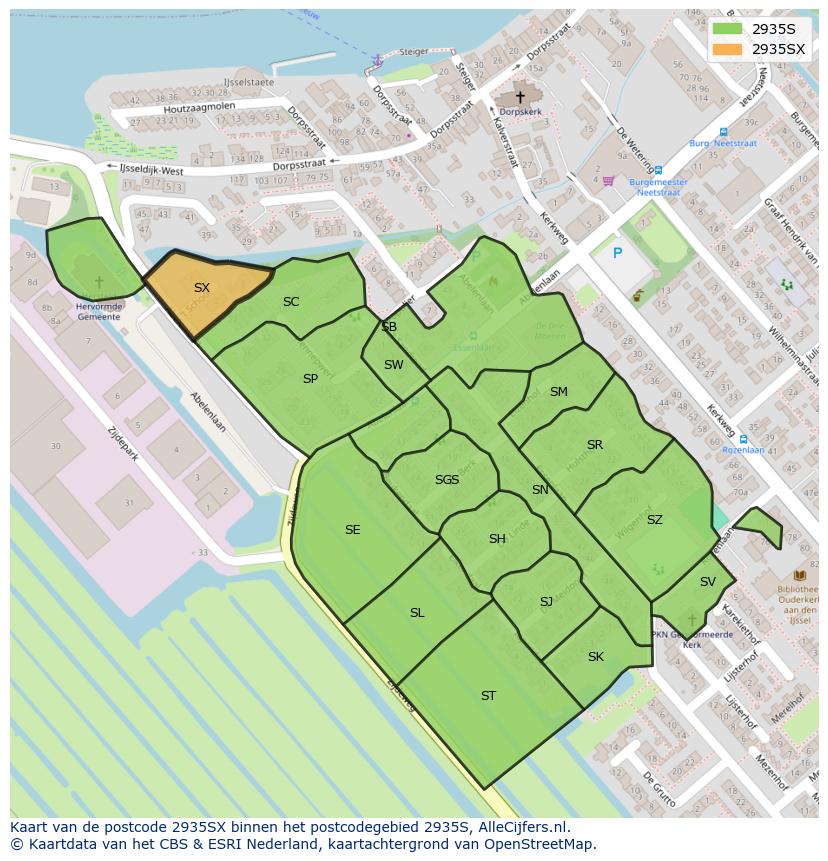 Afbeelding van het postcodegebied 2935 SX op de kaart.
