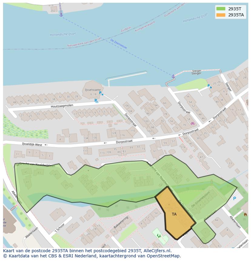 Afbeelding van het postcodegebied 2935 TA op de kaart.