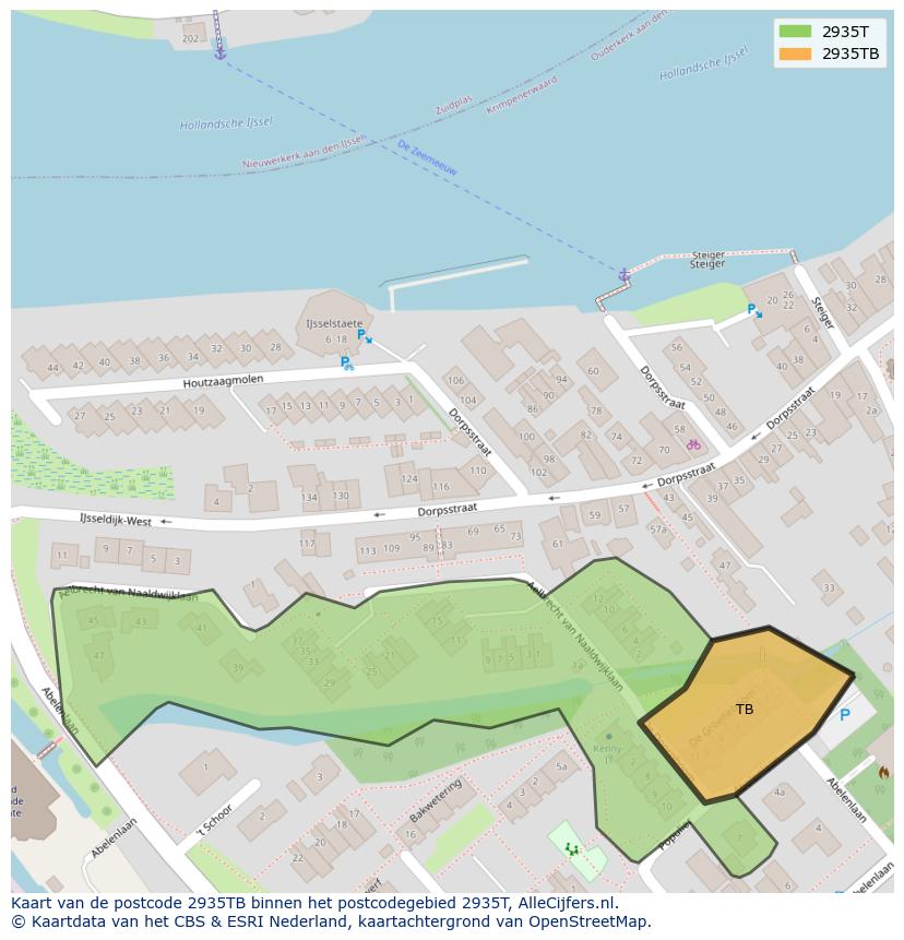 Afbeelding van het postcodegebied 2935 TB op de kaart.