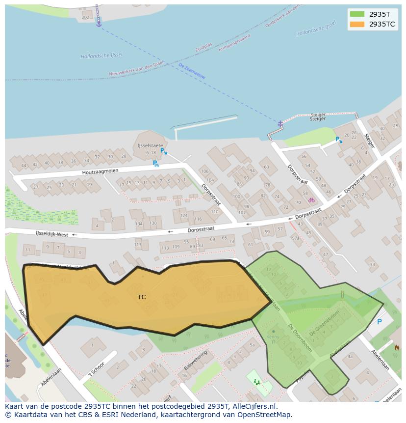 Afbeelding van het postcodegebied 2935 TC op de kaart.