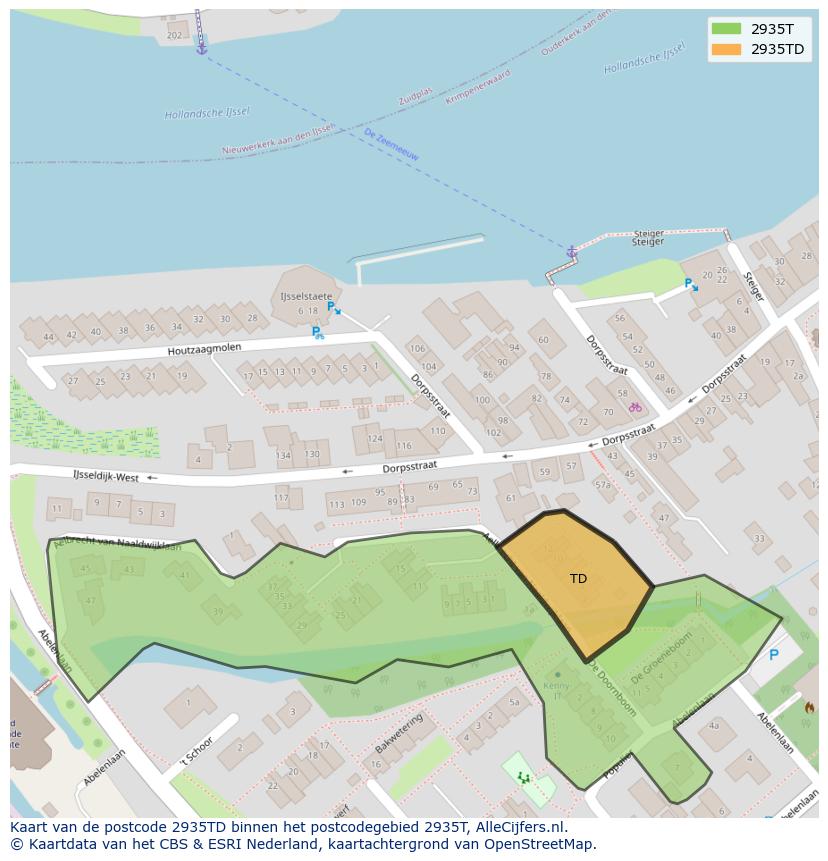 Afbeelding van het postcodegebied 2935 TD op de kaart.