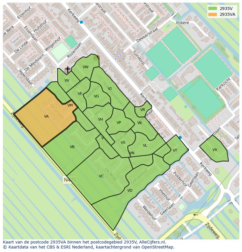 Afbeelding van het postcodegebied 2935 VA op de kaart.