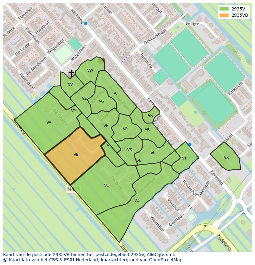 Afbeelding van het postcodegebied 2935 VB op de kaart.