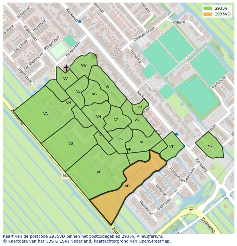 Afbeelding van het postcodegebied 2935 VD op de kaart.