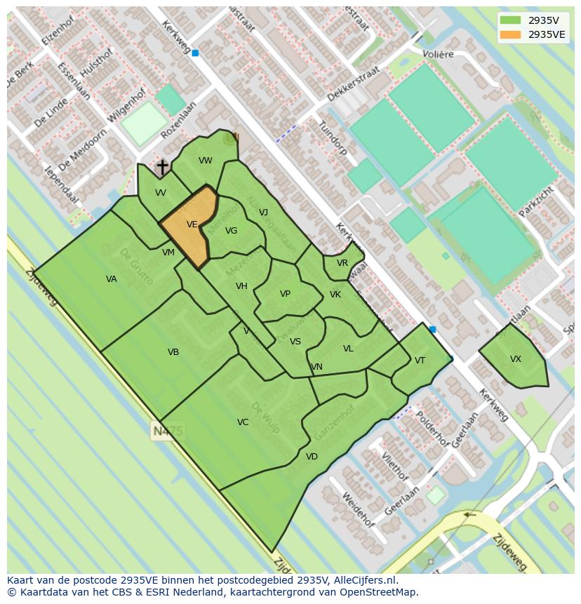 Afbeelding van het postcodegebied 2935 VE op de kaart.