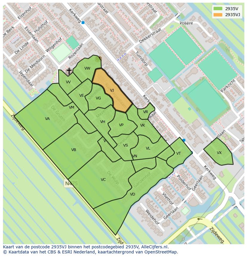 Afbeelding van het postcodegebied 2935 VJ op de kaart.