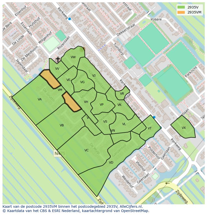 Afbeelding van het postcodegebied 2935 VM op de kaart.