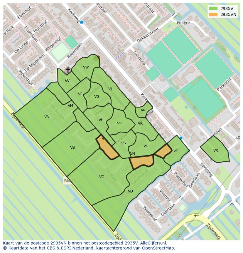 Afbeelding van het postcodegebied 2935 VN op de kaart.