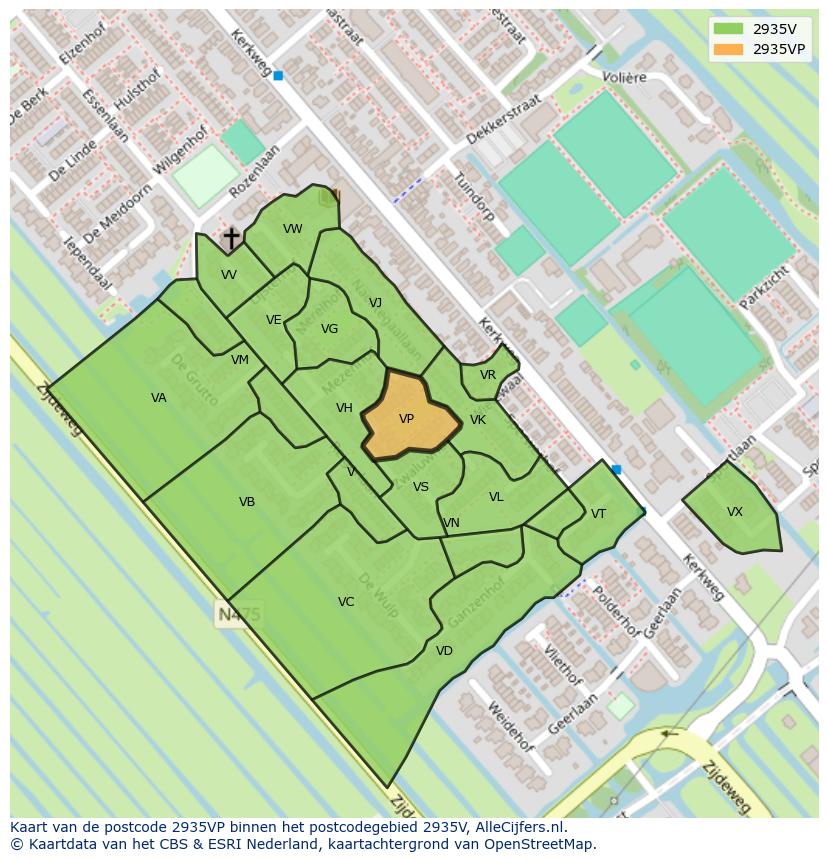 Afbeelding van het postcodegebied 2935 VP op de kaart.