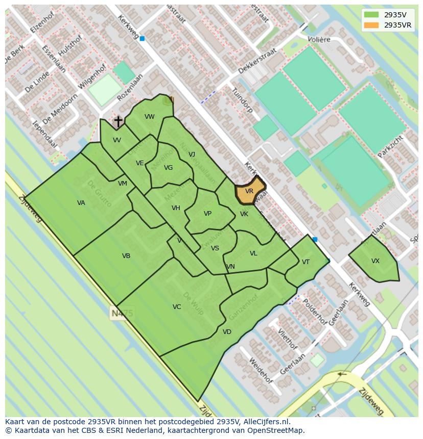 Afbeelding van het postcodegebied 2935 VR op de kaart.
