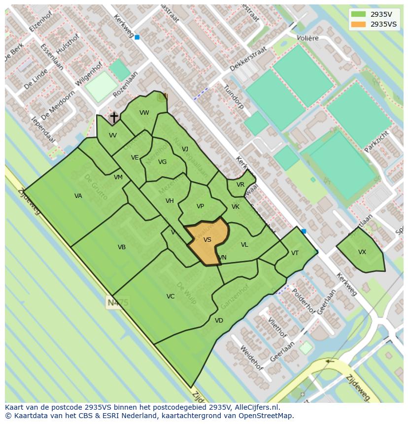 Afbeelding van het postcodegebied 2935 VS op de kaart.