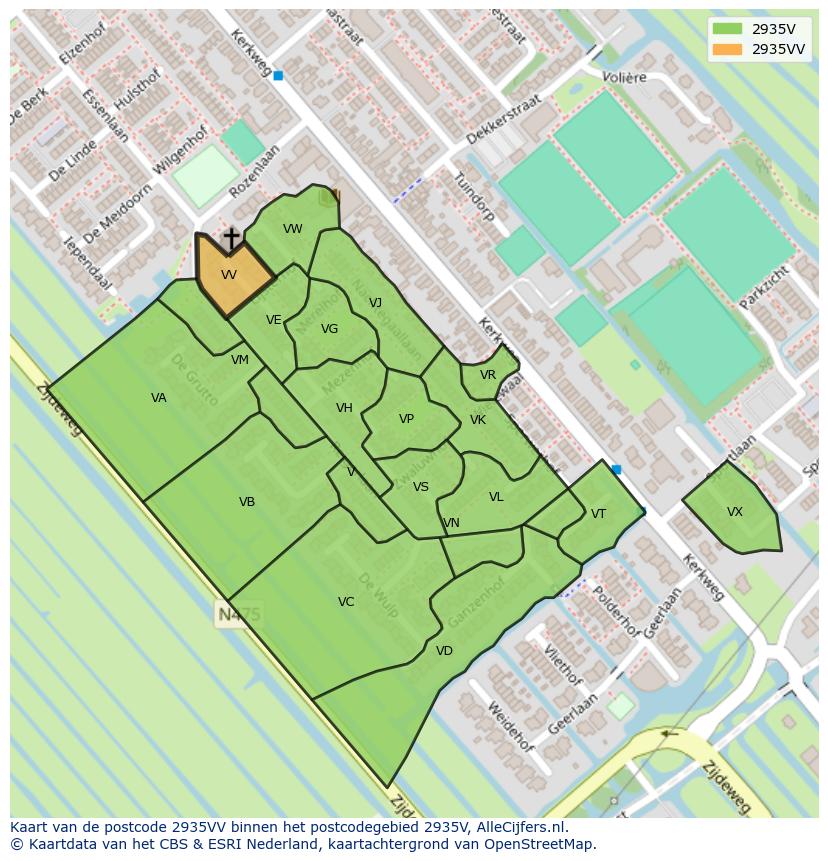 Afbeelding van het postcodegebied 2935 VV op de kaart.