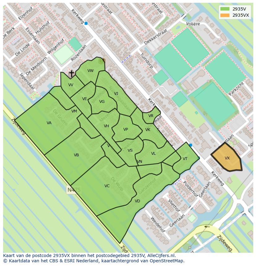 Afbeelding van het postcodegebied 2935 VX op de kaart.