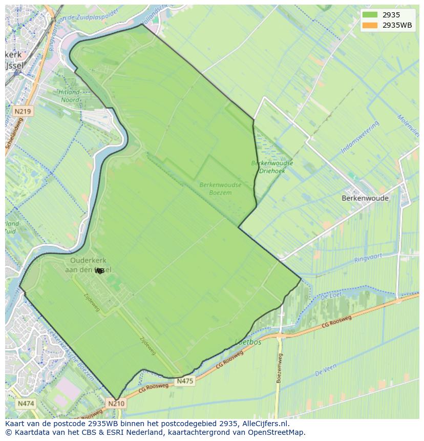 Afbeelding van het postcodegebied 2935 WB op de kaart.