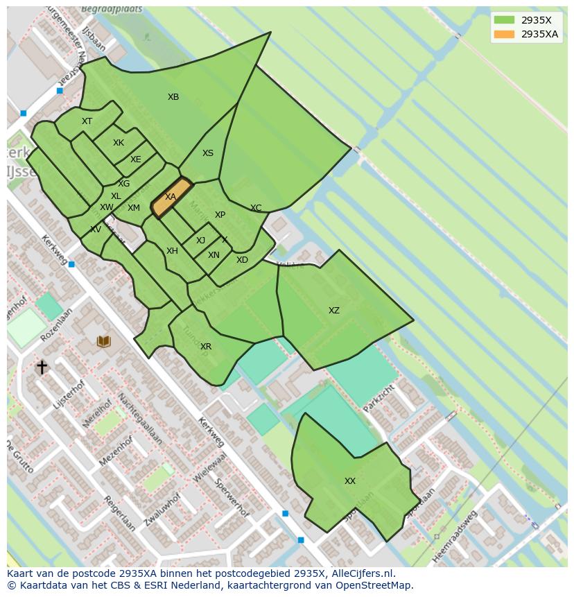 Afbeelding van het postcodegebied 2935 XA op de kaart.