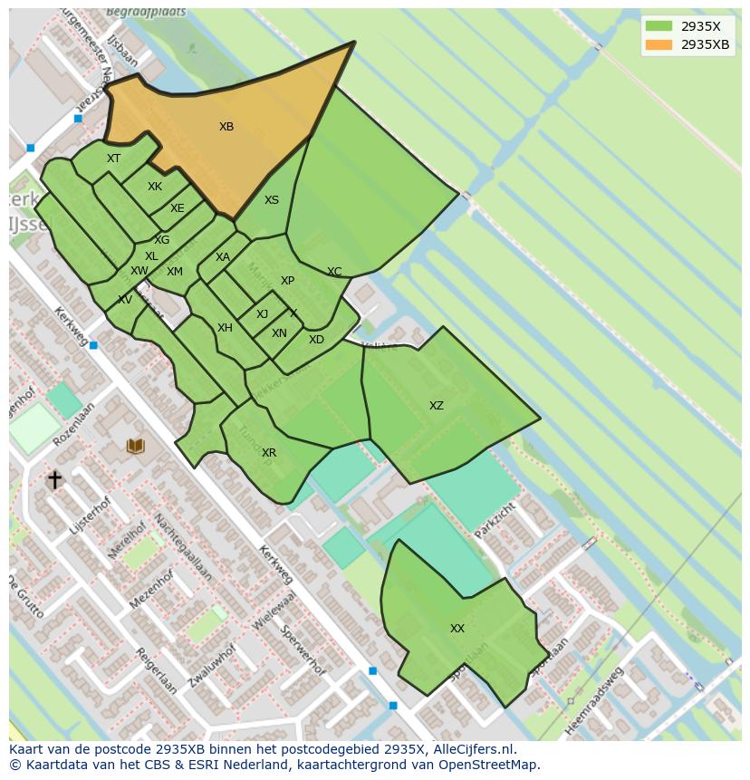 Afbeelding van het postcodegebied 2935 XB op de kaart.