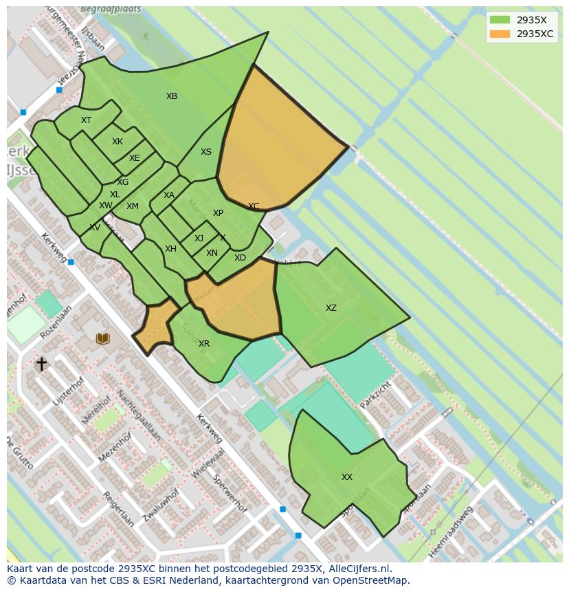 Afbeelding van het postcodegebied 2935 XC op de kaart.