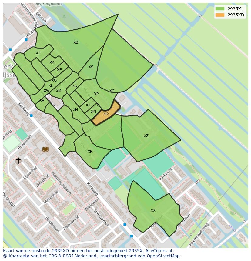 Afbeelding van het postcodegebied 2935 XD op de kaart.