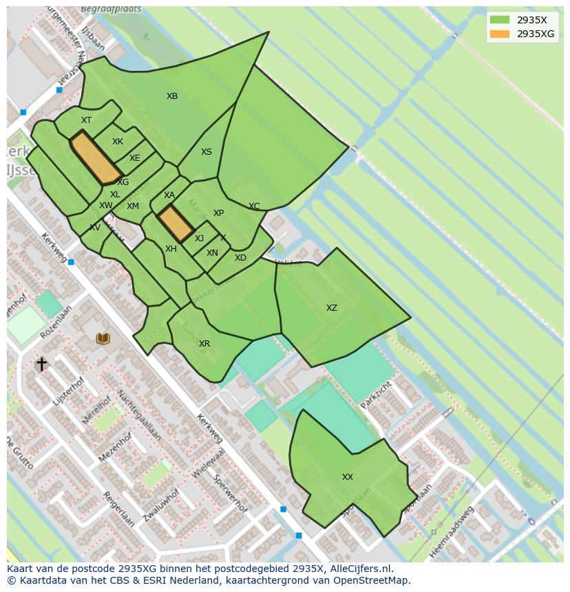 Afbeelding van het postcodegebied 2935 XG op de kaart.